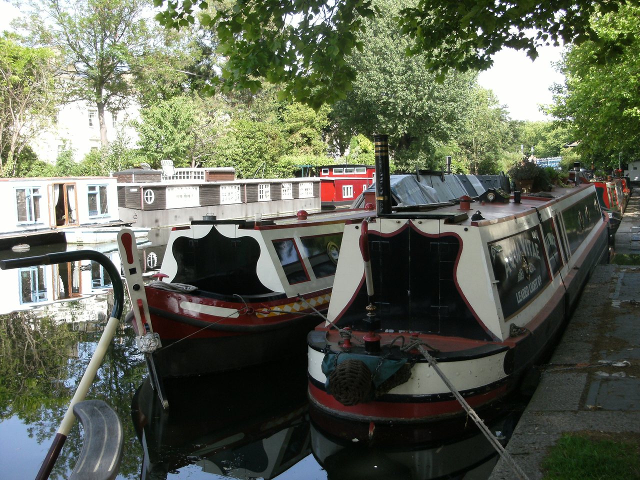 Narrowboats moored on the canal at Little Venice, London
